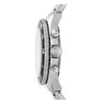 Profile view of a sleek silver watch with a black bezel showcasing its sporty design.