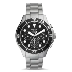 A stylish Fossil watch with a black dial, silver stainless steel band, and multiple chronograph subdials, water-resistant up to 100 meters.