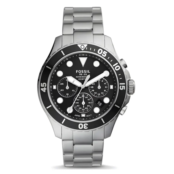 A stylish Fossil watch with a black dial, silver stainless steel band, and multiple chronograph subdials, water-resistant up to 100 meters.