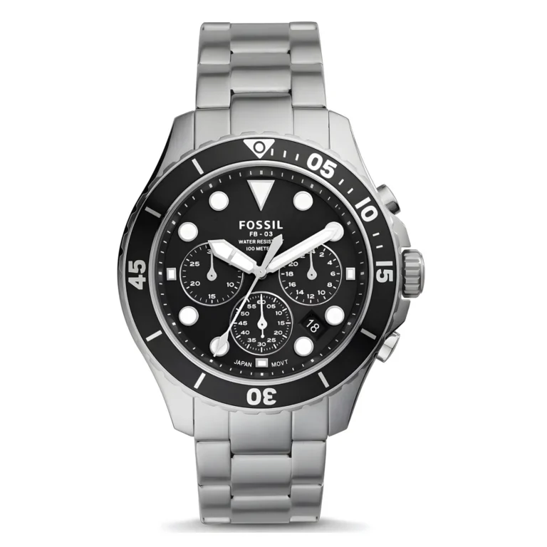 A stylish Fossil watch with a black dial, silver stainless steel band, and multiple chronograph subdials, water-resistant up to 100 meters.