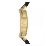 Side view of a luxury gold watch with a textured bezel and black strap, showcasing elegant design and detail.