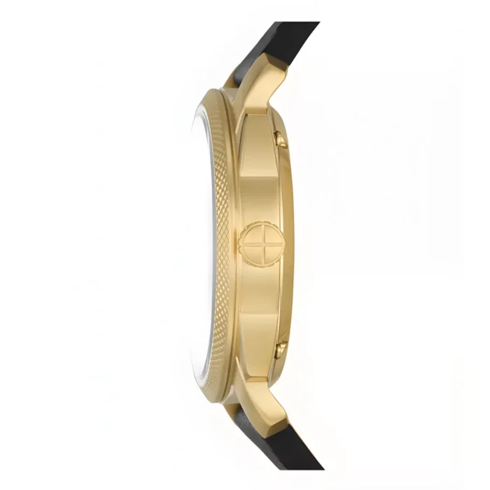 Side view of a luxury gold watch with a textured bezel and black strap, showcasing elegant design and detail.