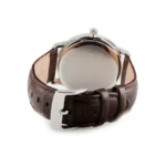 A stylish GANT watch showcasing a stainless steel case and brown leather strap with a silver buckle, viewed from the back.