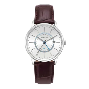 Silver GANT watch with a white dial, blue accents, and brown leather strap, featuring a date function and GMT display.