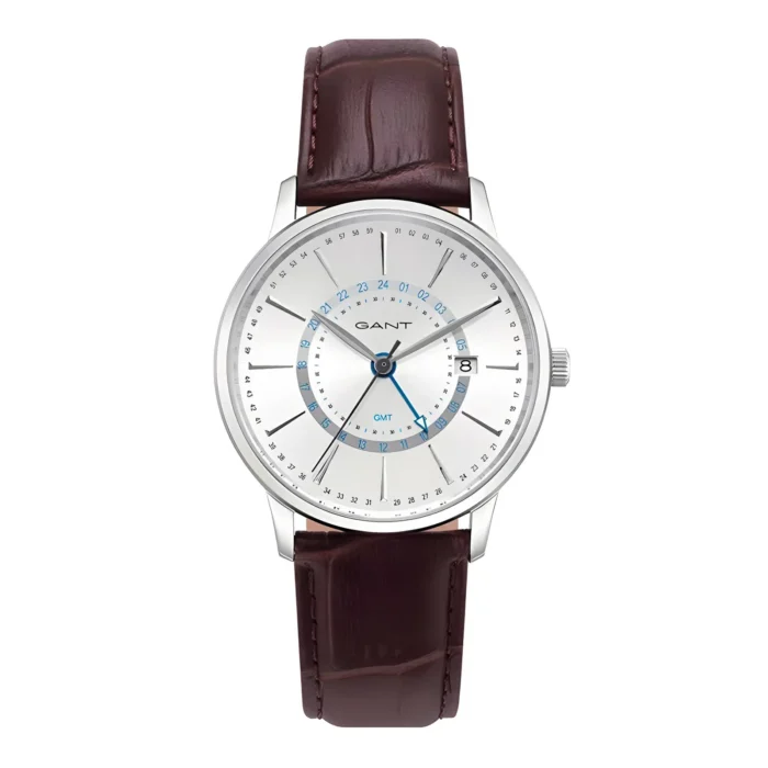 Silver GANT watch with a white dial, blue accents, and brown leather strap, featuring a date function and GMT display.