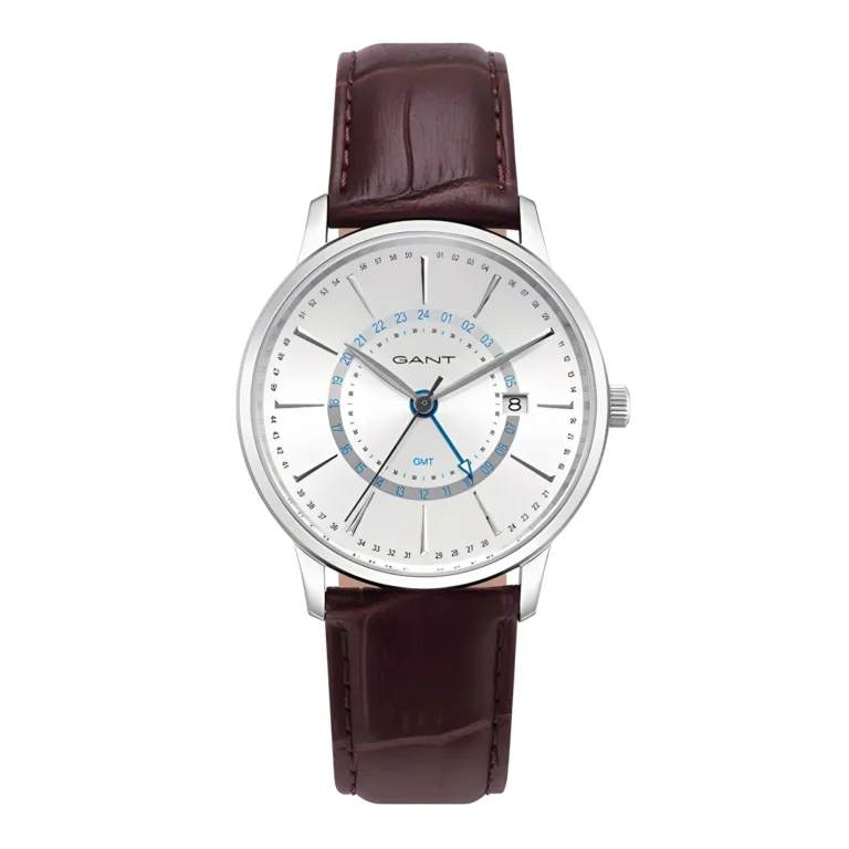 Silver GANT watch with a white dial, blue accents, and brown leather strap, featuring a date function and GMT display.