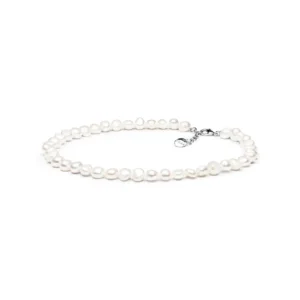 Elegant white pearl necklace with irregular shapes, featuring a silver clasp and chain extension for adjustable fit.