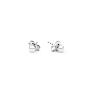 A pair of elegant silver stud earrings featuring lustrous white pearls, showcasing a modern and sophisticated design