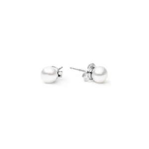 A pair of elegant white pearl stud earrings with silver clasps, showcasing a classic and sophisticated design.