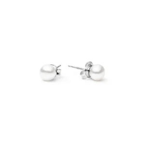 Simple silver stud earrings featuring glossy white pearls, elegantly showcasing timeless sophistication and style