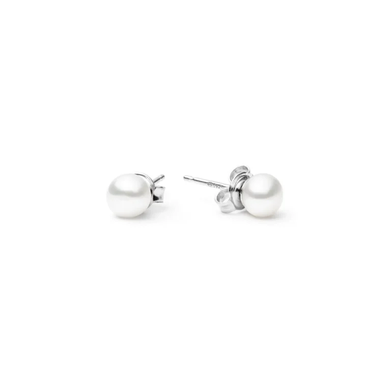 Simple silver stud earrings featuring glossy white pearls, elegantly showcasing timeless sophistication and style