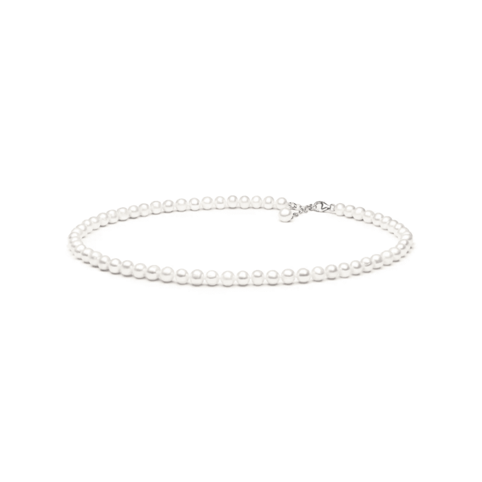 A classic pearl necklace featuring a string of lustrous white pearls, secured with a delicate silver clasp.