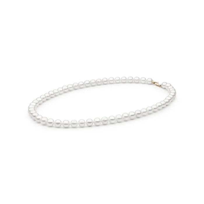 Elegant white pearl necklace with a subtle sheen, featuring evenly spaced pearls and a simple gold clasp.