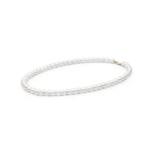 Elegant white pearl necklace with a subtle sheen, featuring evenly spaced pearls and a simple gold clasp.