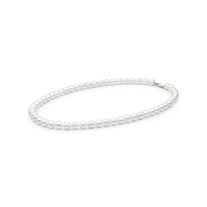 Elegant white pearl necklace with a subtle sheen, featuring evenly spaced pearls and a simple gold clasp.
