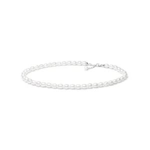 Elegant pearl necklace with evenly spaced white pearls, featuring a silver clasp and adjustable chain. Perfect for formal occasions.