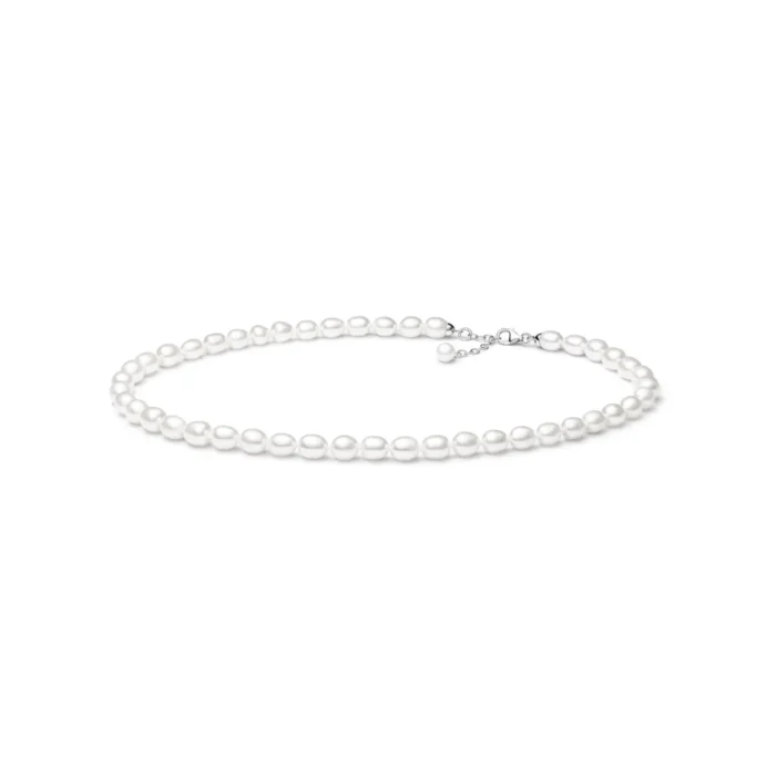 Elegant pearl necklace with evenly spaced white pearls, featuring a silver clasp and adjustable chain. Perfect for formal occasions.