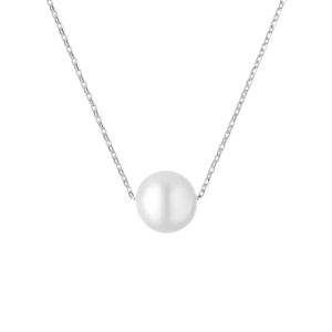 Simple silver necklace featuring a single lustrous white pearl as the centerpiece on a delicate chain.