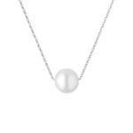 Simple silver necklace featuring a single lustrous white pearl as the centerpiece on a delicate chain.