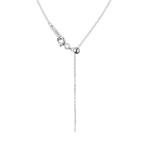 Close-up of a delicate silver necklace featuring a lobster clasp, adjustable chain, and a sleek pendant hanging elegantly.