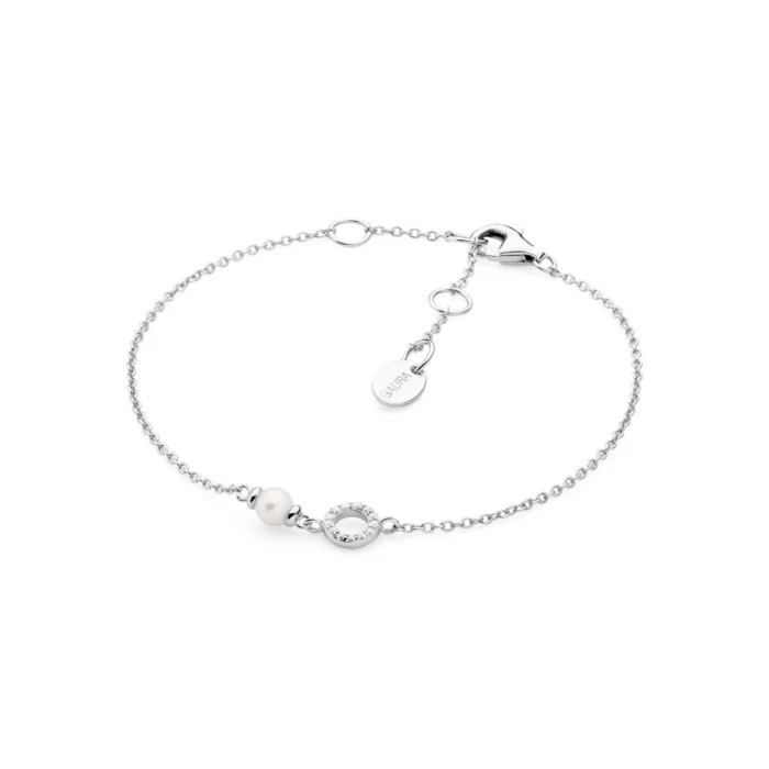 Silver bracelet featuring a pearl and a circular charm adorned with sparkling stones, completed with a clasp and adjustable chain.