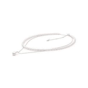 Elegant layered necklace featuring white pearls, with a delicate silver chain and a single pearl drop pendant.
