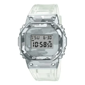 Casio G-Shock watch with a silver camouflage pattern, digital display, and clear strap, showing time 10:58 PM on a sunny day.