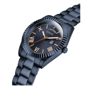 Black Guess watch featuring a Roman numeral dial, gold accents, date display, and sleek metal bracelet.