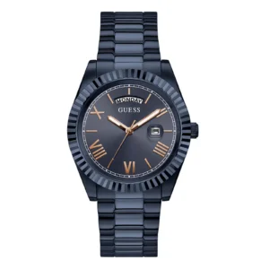 Navy blue Guess watch with a textured bezel, gold Roman numerals, and a date display, featuring a sleek metal bracelet.