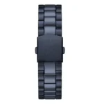 A sleek, all-black Guess watch with a polished metal bracelet and a squared clasp, showcasing minimalist design and modern elegance.