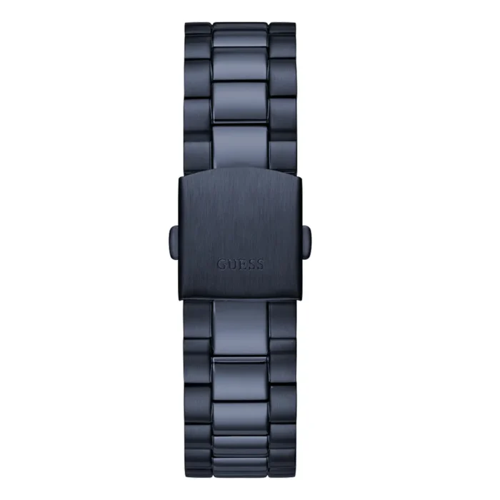 A sleek, all-black Guess watch with a polished metal bracelet and a squared clasp, showcasing minimalist design and modern elegance.