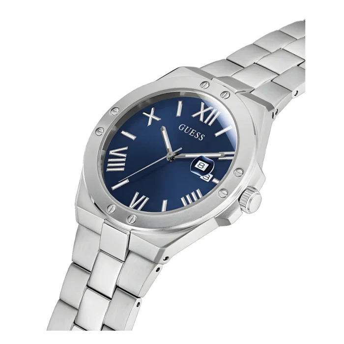 Silver Guess watch featuring a blue dial with Roman numerals and a date window, accented by a stainless steel link bracelet.