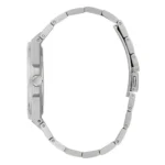 Profile view of a sleek silver wristwatch with a polished stainless steel band and a round watch face.
