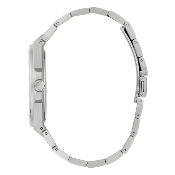 Profile view of a sleek silver wristwatch with a polished stainless steel band and a round watch face.