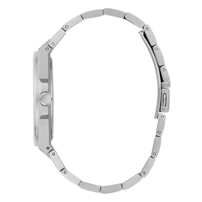 Profile view of a sleek silver wristwatch with a polished stainless steel band and a round watch face.