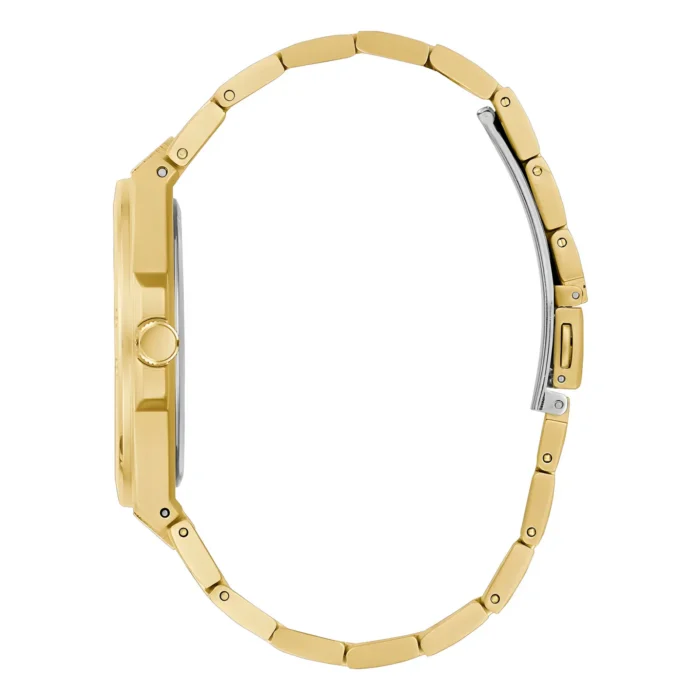 Gold-tone watch with a sleek, octagonal case and a flexible metal band, showcasing a polished silver clasp.