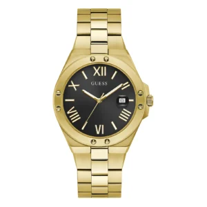 Gold-tone Guess watch with a black dial, Roman numerals, date display, and a sleek linked bracelet. Elegant and stylish timepiece.