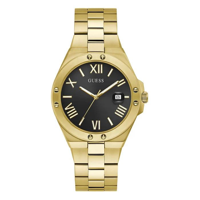 Gold-tone Guess watch with a black dial, Roman numerals, date display, and a sleek linked bracelet. Elegant and stylish timepiece.