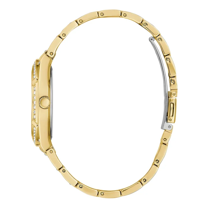 Elegant gold-tone watch with a sleek rectangular face and a sparkling crystal-accented bezel, featuring a comfortable link bracelet.