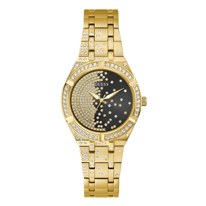 A luxurious gold Guess watch featuring a sparkling bezel, a black dial with crystal accents, and a stylish gold link bracelet.
