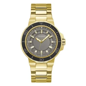 Gold Guess watch with a gray dial, black bezel, and stainless steel bracelet, featuring luminous hour markers and hands.