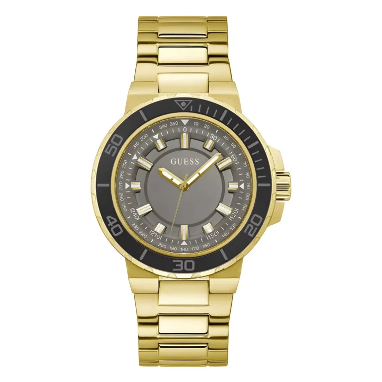 Gold Guess watch with a gray dial, black bezel, and stainless steel bracelet, featuring luminous hour markers and hands.