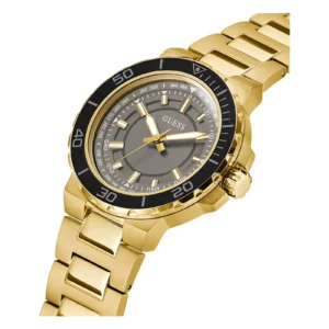 Gold-toned Guess watch with a black bezel and gray face, featuring luminous hands and marker details, set on a stylish metal bracelet.