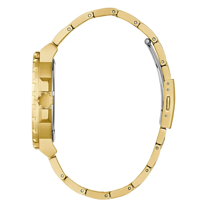 A sleek gold watch viewed from the side, showcasing its polished links and detailed crown, highlighting its modern design.