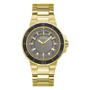 Gold Guess watch with a gray dial, black bezel, and stainless steel bracelet, featuring luminous hour markers and hands.