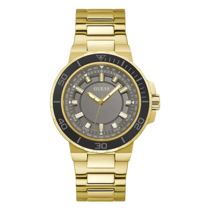 Gold Guess watch with a gray dial, black bezel, and stainless steel bracelet, featuring luminous hour markers and hands.