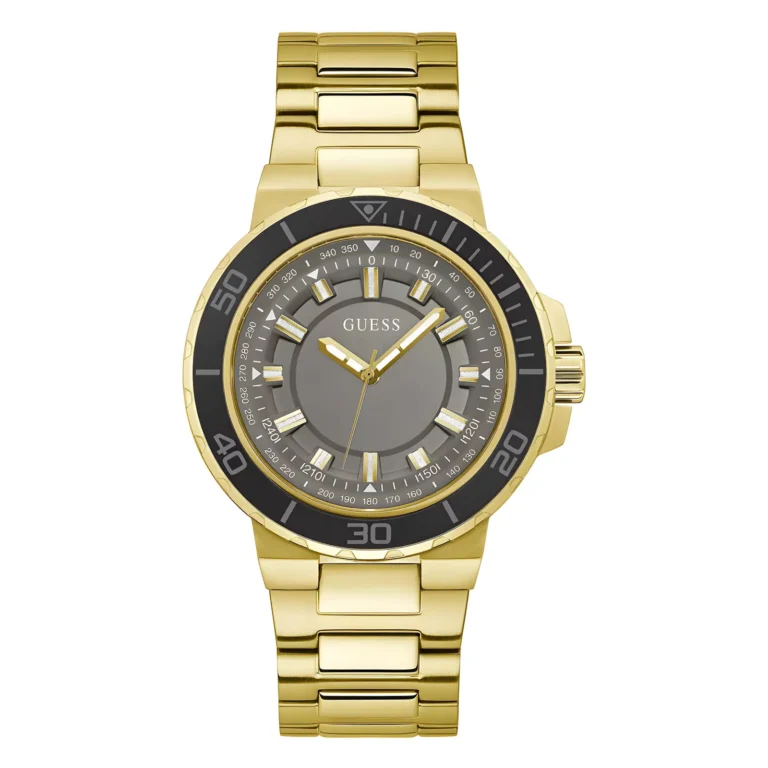 Gold Guess watch with a gray dial, black bezel, and stainless steel bracelet, featuring luminous hour markers and hands.