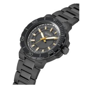 A sleek black Guess watch featuring a stylish gold and silver dial, with a stainless steel bracelet and a sporty design.