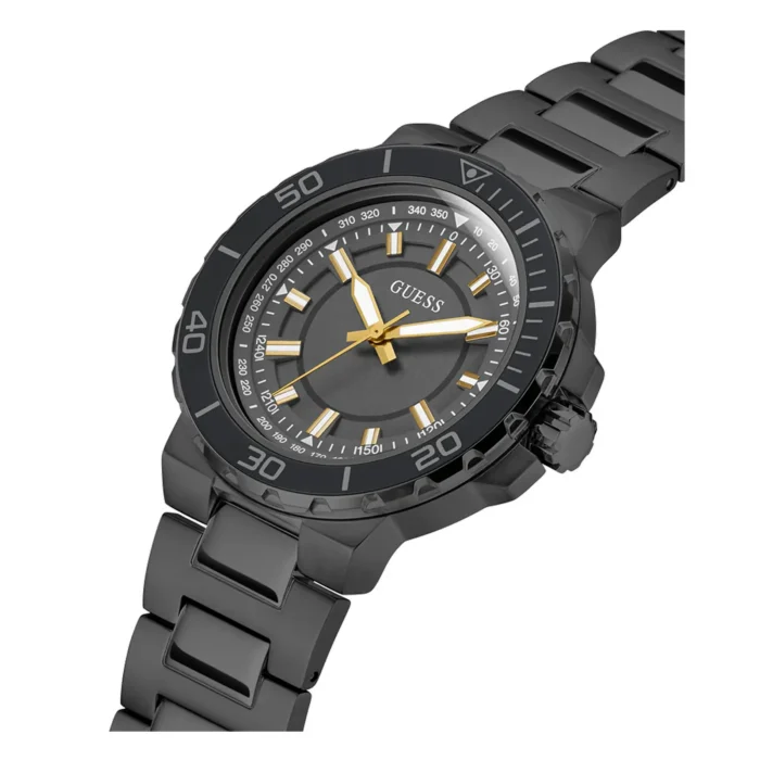 A sleek black Guess watch featuring a stylish gold and silver dial, with a stainless steel bracelet and a sporty design.