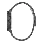 A sleek black smartwatch displayed in profile, showcasing its angular design and metal link band.